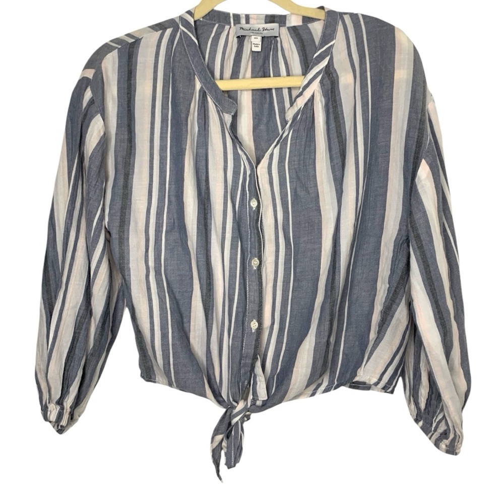 Michael Stars XS Grey Striped Tie Front Cropped Button Front Summer Casual Top